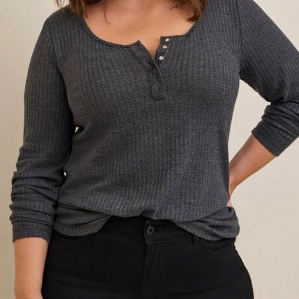 Brushed Waffle Notch Neck Long Sleeve Tee